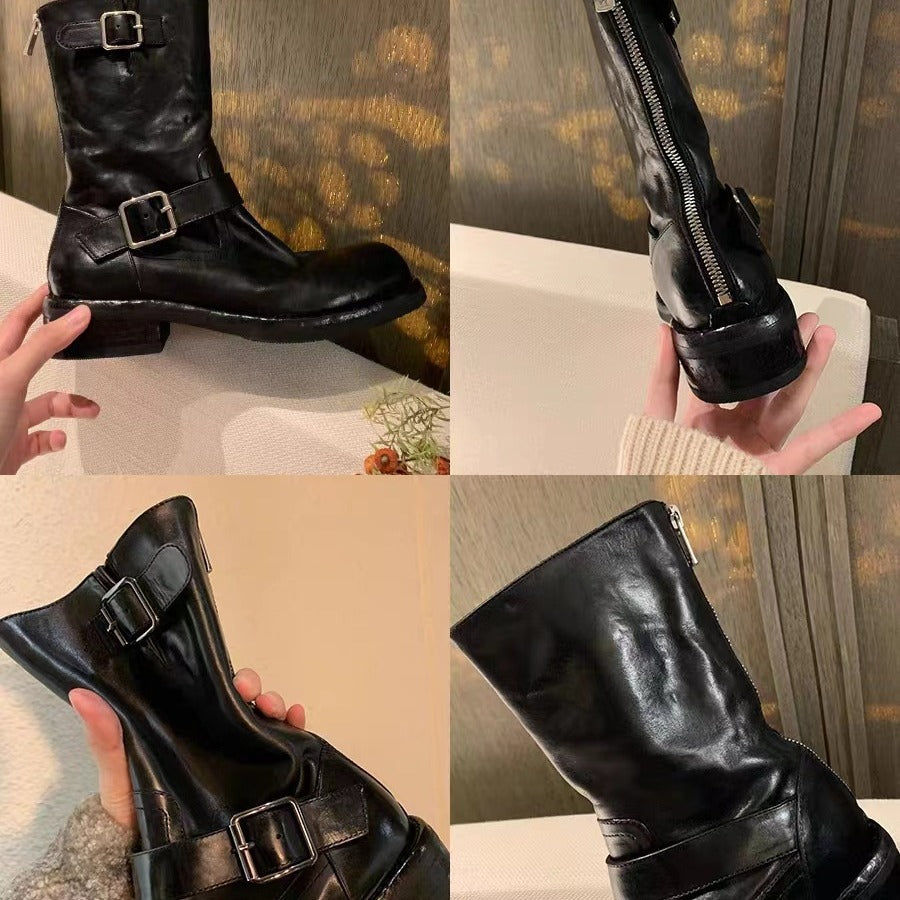 Damen Wadenhohe Biker‑Stiefel aus Glattleder mit Doppelgurt und Rückreißverschluss Echo Archiv