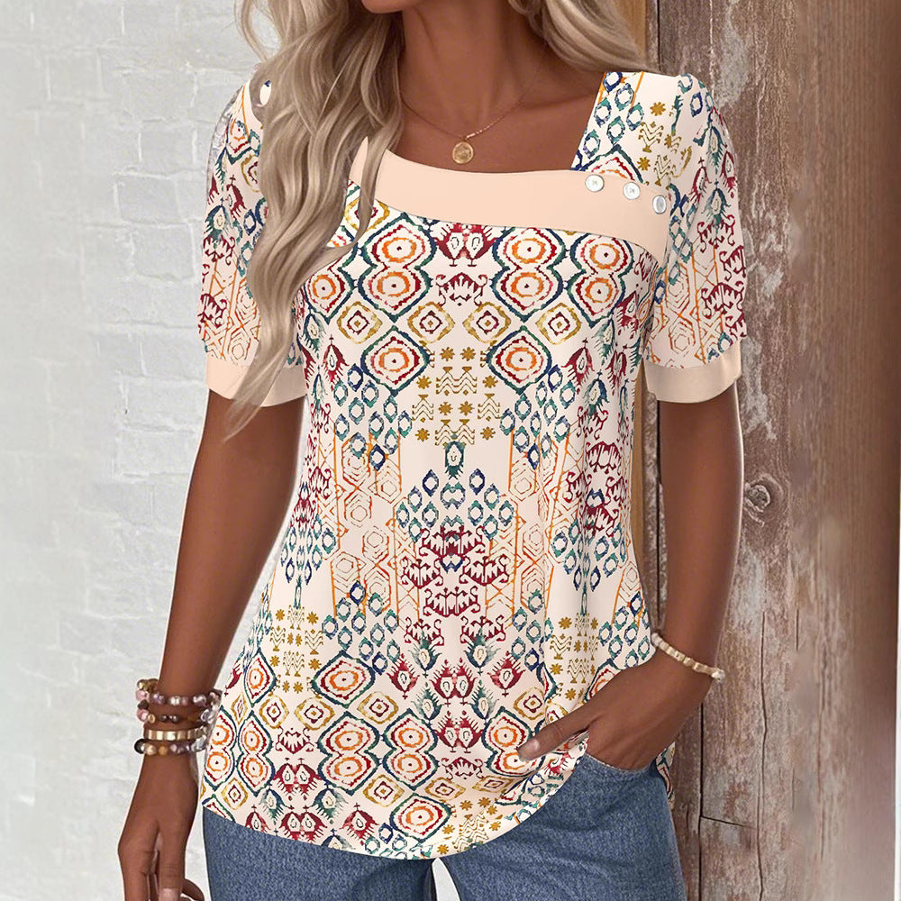 Damen nan Boho-Print Kurzarmshirt mit eckigem Ausschnitt, Kontrastblende und abgerundetem Saum Echo Archiv