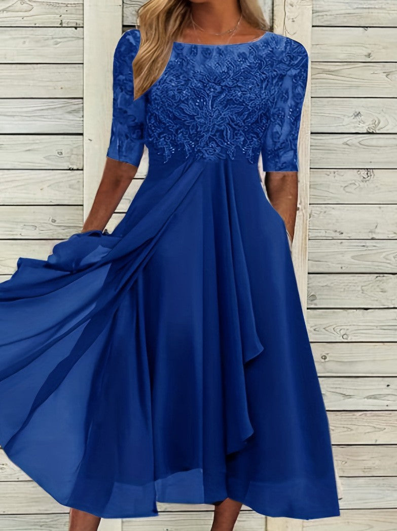 Damen elegantes Chiffon-Spitzenkleid mit Vokuhila-Überwurf und dreiviertelärmeln – Élara