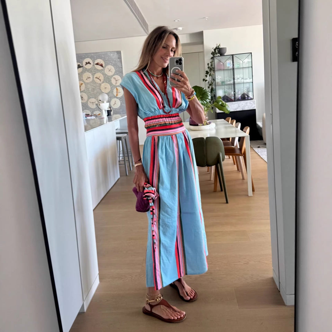 Damen Strandmaxi-Kleid mit elastischem Taillenbund und buntem Streifenmuster Echoarchiv