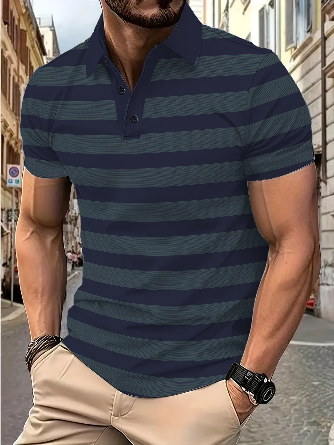Herren Kurzarm Poloshirt mit gestreiftem Design und atmungsaktivem Stoff Echoarchiv