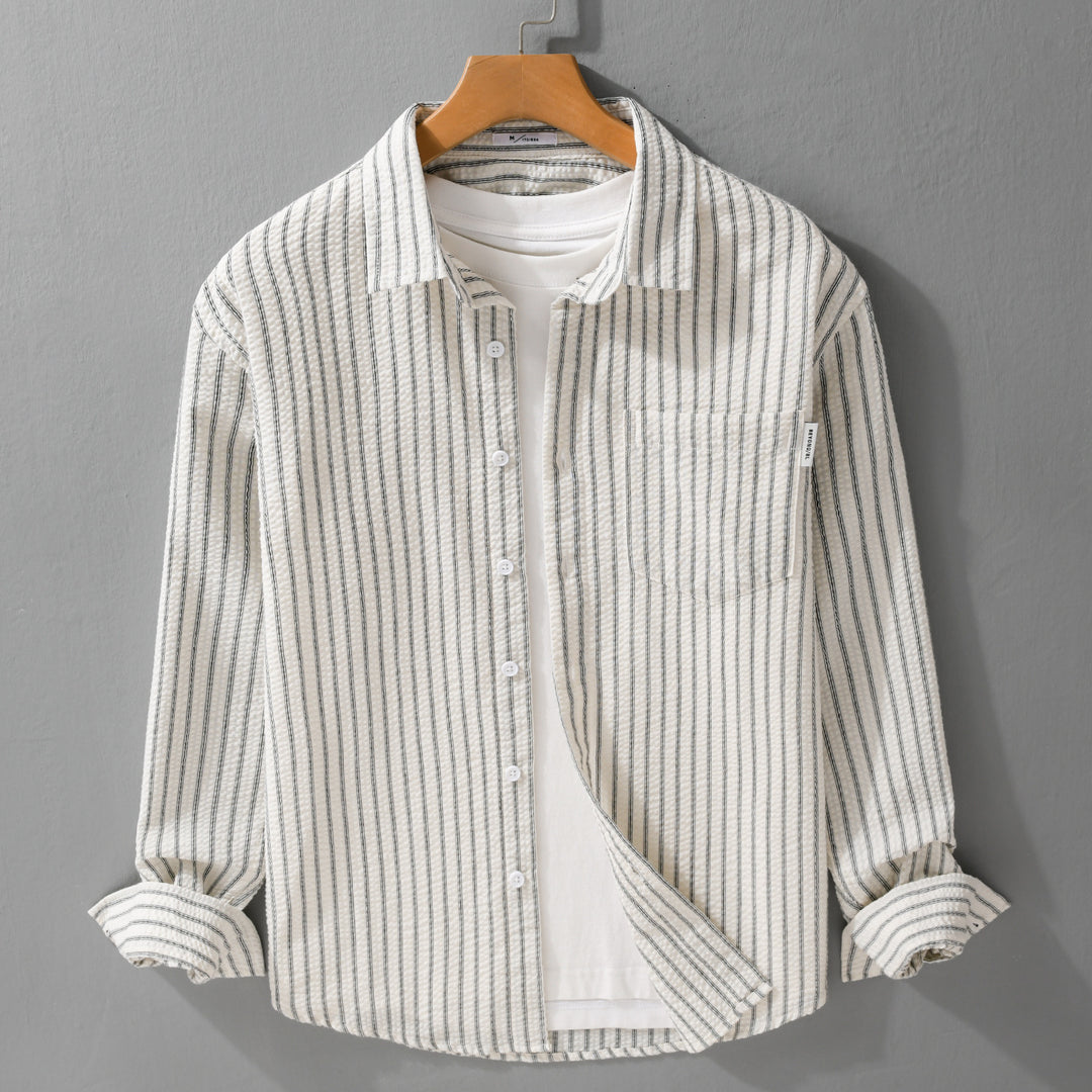 Herren Gestreiftes Relaxed-Overshirt aus strukturiertem Baumwollmix mit Brusttasche Echoarchiv