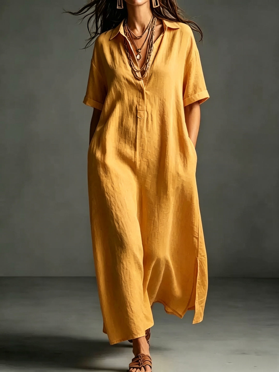 Damen Leinen Maxikleid mit V-Ausschnitt und praktischen Taschen Echo Archiv