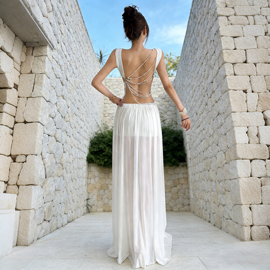 Damen Luxuriöses Chiffon-Maxikleid mit raffinierten Kettendetails und innovativem Schnitt Echo Archiv