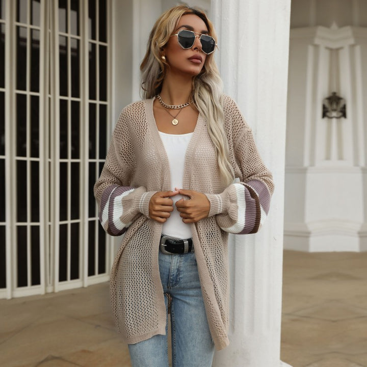 Damen Longline-Netzstrick-Cardigan mit Ballonärmeln und Blockstreifen – Veloura