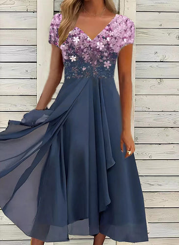 Damen nan fließendes Midikleid mit geschwungenem V-Ausschnitt, taillierter A-Linien-Silhouette und filigranen Spitzenärmeln Echo Archiv