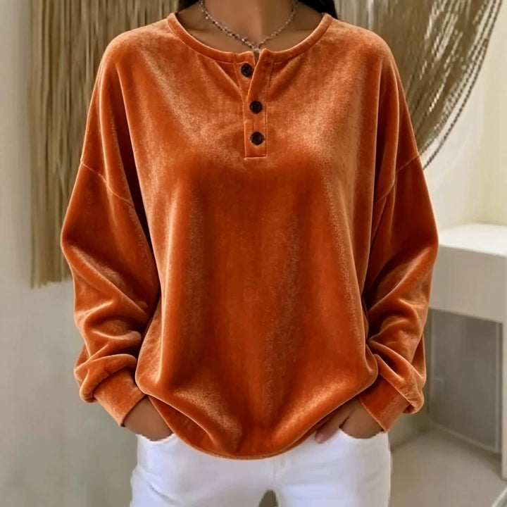Damen Lässiges Oversize Samt-Henleyshirt mit Knopfleiste Echoarchiv