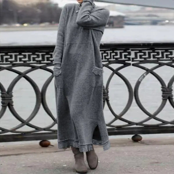 Damen nan langes Strickmaxikleid mit Seitenschlitzen und aufgesetzten Taschen Echo Archiv