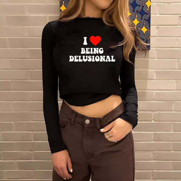 Damen figurbetontes Langarmshirt mit niedlichem Gänse-Print, Rundhalsausschnitt und leichtem Stretch – Avérine