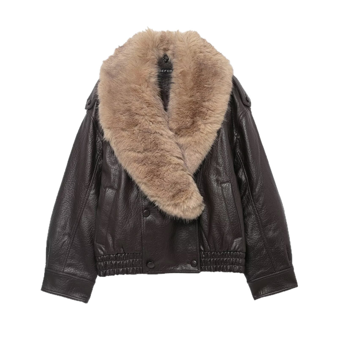 Damen Cropped Lederblouson mit voluminösem Pelzkragen und Taillen-Smock Echo Archiv