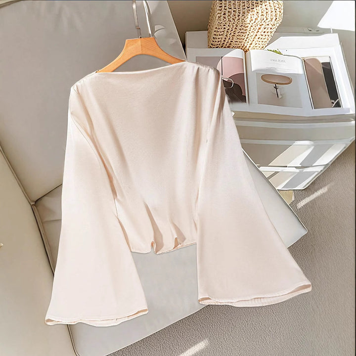 Damen Drapiertes Satin-Top mit Wasserfallkragen & Volantsärmeln – Avérine