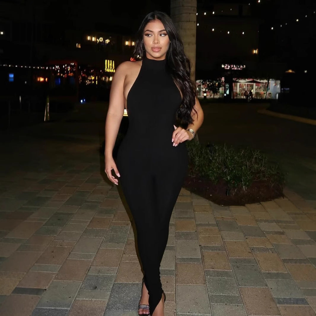 Damen figurbetonter Jumpsuit mit hohem Kragen und Rippstruktur Echo Archiv