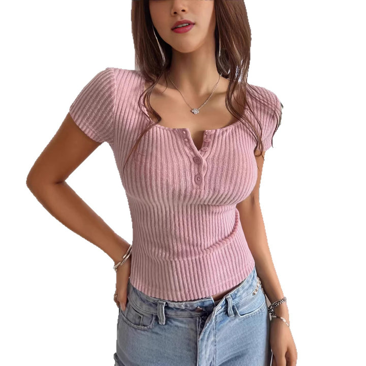 Damen figurbetontes Kurzarm-Shirt mit Knopfleiste und Rippstruktur Echo Archiv