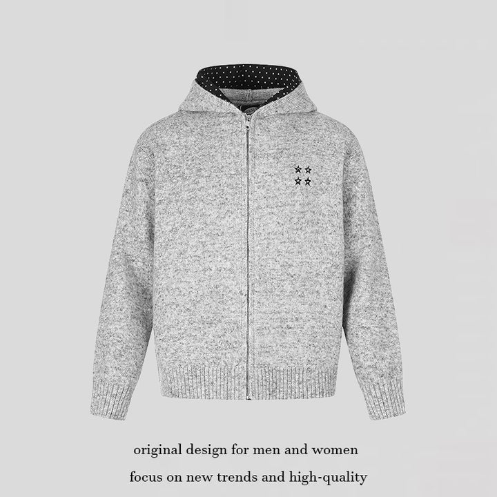 Damen Zip-Kapuzen-Strickjacke mit gepunkteter Kapuzenfütterung und Sternchen-Stickerei Echoarchiv