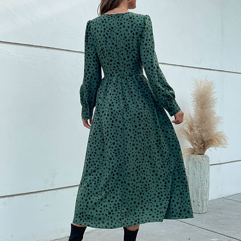 Damen Midikleid im Retro-Pünktchen-Design mit Wickeloptik, V-Ausschnitt und tailliertem Bindegürtel Echoarchiv