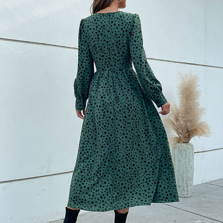 Damen Midikleid im Retro-Pünktchen-Design mit Wickeloptik, V-Ausschnitt und tailliertem Bindegürtel Echoarchiv