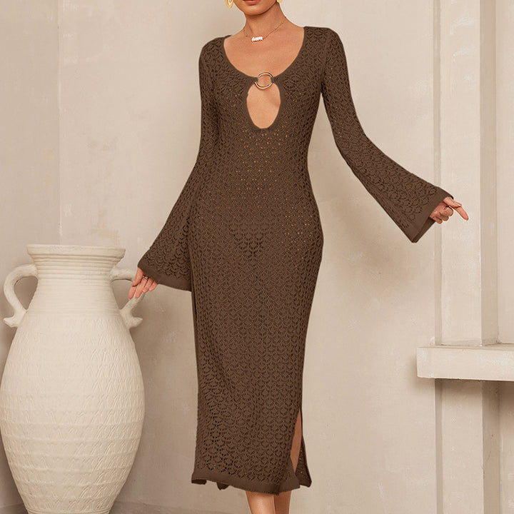 Damen Häkel-Maxikleid mit tiefem Ausschnitt und weit ausgestellten Ärmeln Echo Archiv
