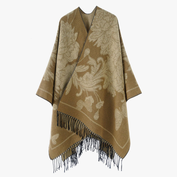 Damen Wendbarer Strickcape-Poncho mit Fransen und kontrastierenden Streifen – Avérine
