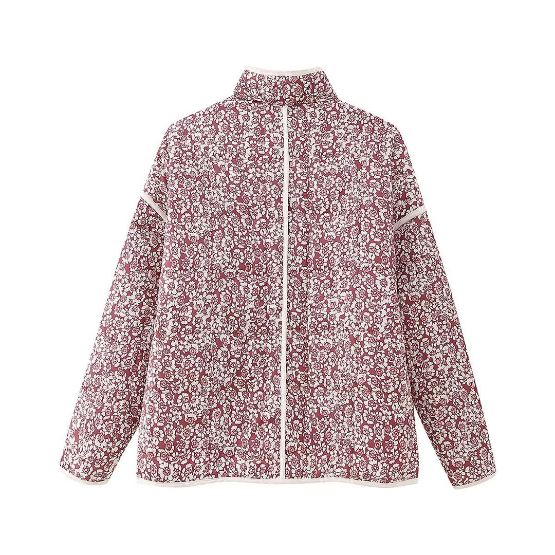 Damen gesteppte Kurzjacke mit floralem Allover-Print, leichter Wattierung, Stehkragen und aufgesetzten Taschen – Célinea