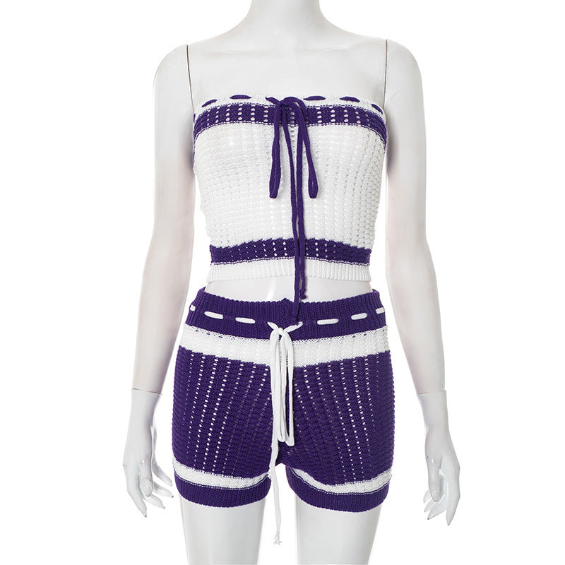 Damen Knitted Bandeau Set mit Shorts und verstellbarem Kordelzug Echo Archiv