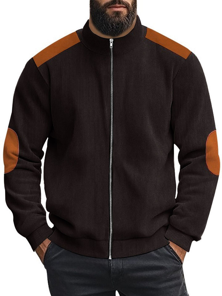 Herren Strickjacke mit modernen Lederakzenten und hoch geschlossenem Kragen Echoarchiv