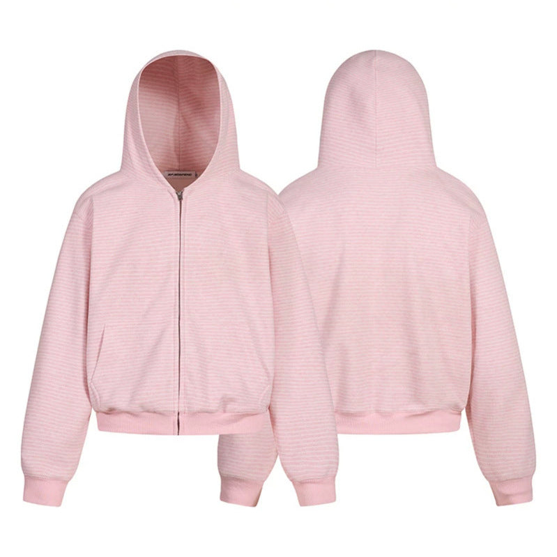 Damen Kurz geschnittene Kapuzen-Sweatjacke mit kurzem Bund, Streifenstruktur und Reißverschluss Echoarchiv