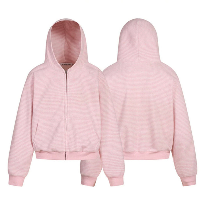 Damen Kurz geschnittene Kapuzen-Sweatjacke mit kurzem Bund, Streifenstruktur und Reißverschluss Echoarchiv