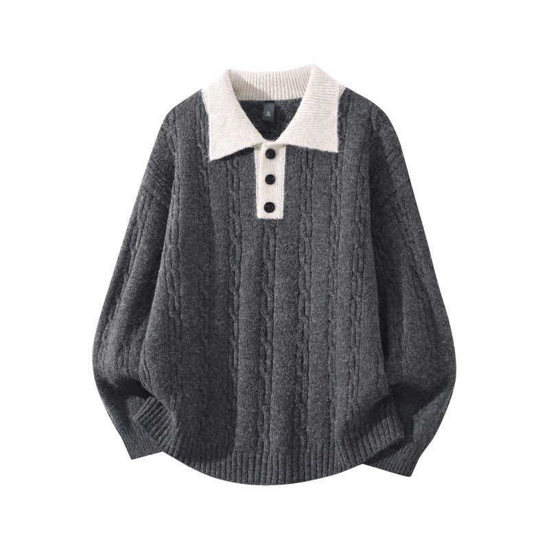 Herren Oversize Zopfmuster-Polo-Strickpullover mit Kontrastkragen und Dreiknopfleiste Echoarchiv