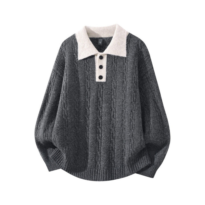 Herren Oversize Zopfmuster-Polo-Strickpullover mit Kontrastkragen und Dreiknopfleiste Echoarchiv