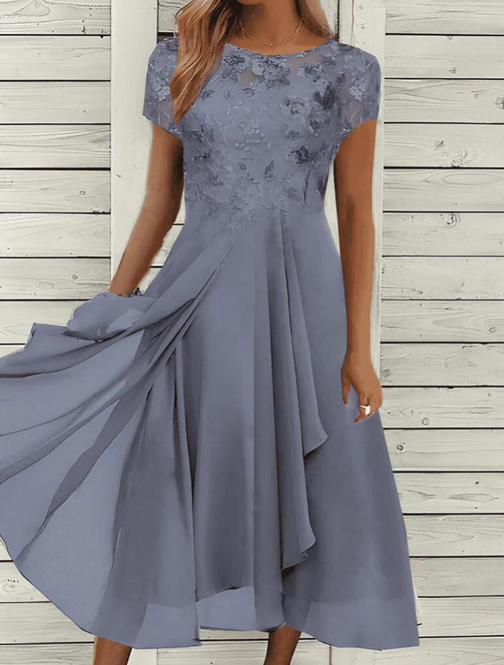 Damen nan elegantes Chiffon-Midikleid mit floraler Spitzenapplikation und fließendem Tellerrock Echoarchiv
