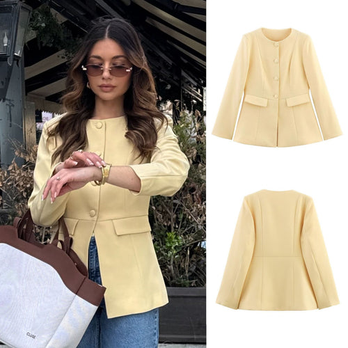 Damen nan taillierter knopfblazer mit Rundhalsausschnitt und angedeuteten Pattentaschen Echo Archiv
