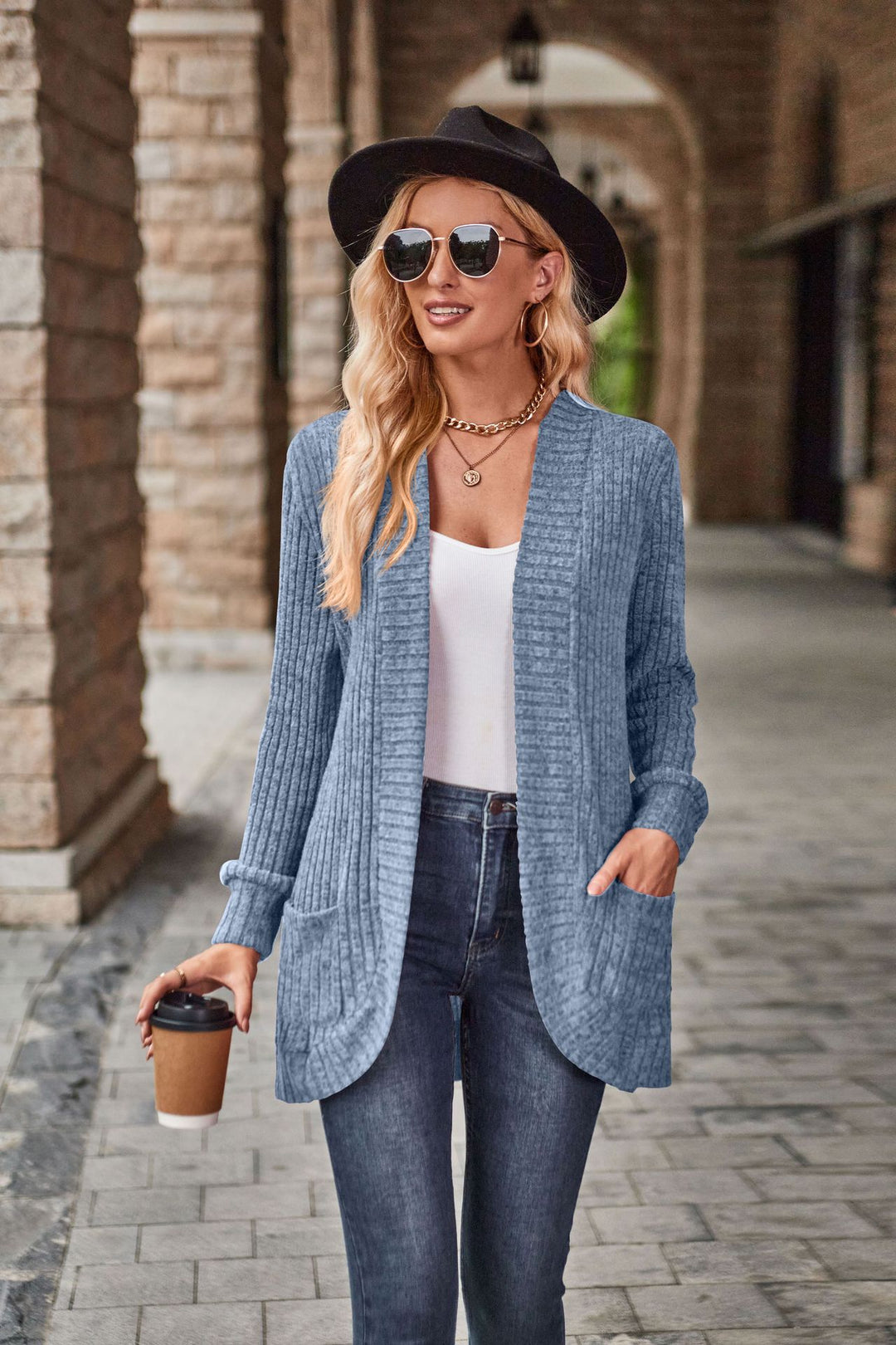 Damen nan langer gerippter Cardigan mit aufgesetzten Taschen und offener Front Echo Archiv