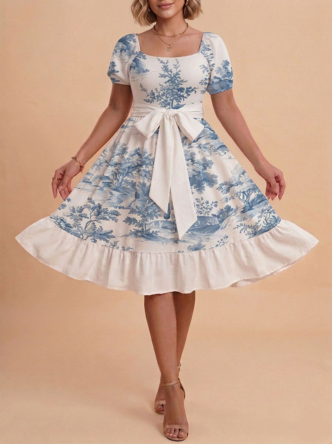Damen Retro Maxikleid mit Puffärmeln und Taillengürtel Echo Archiv