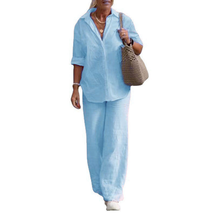Damen Leichtes Leinen-Optik Zweiteiler mit Oversize-Hemd und weiter Palazzohose Echo Archiv
