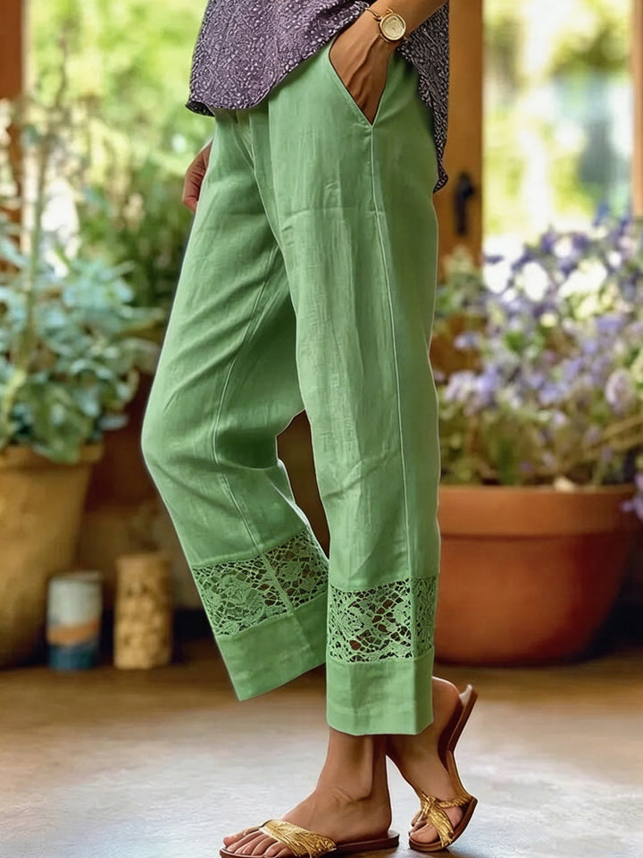 Damen Leinenoptik Culotte-Hose mit Spitzeinsatz am Saum und seitlichen Eingrifftaschen – Avélisse