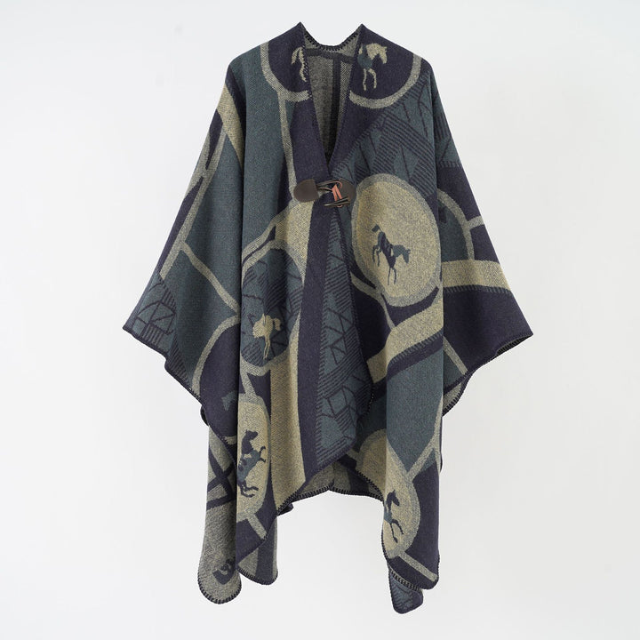 Damen Wollmix-Jacquard-Ruana mit Pferdemotiv, Knebelverschluss und offener Kimono-Silhouette – Montévia