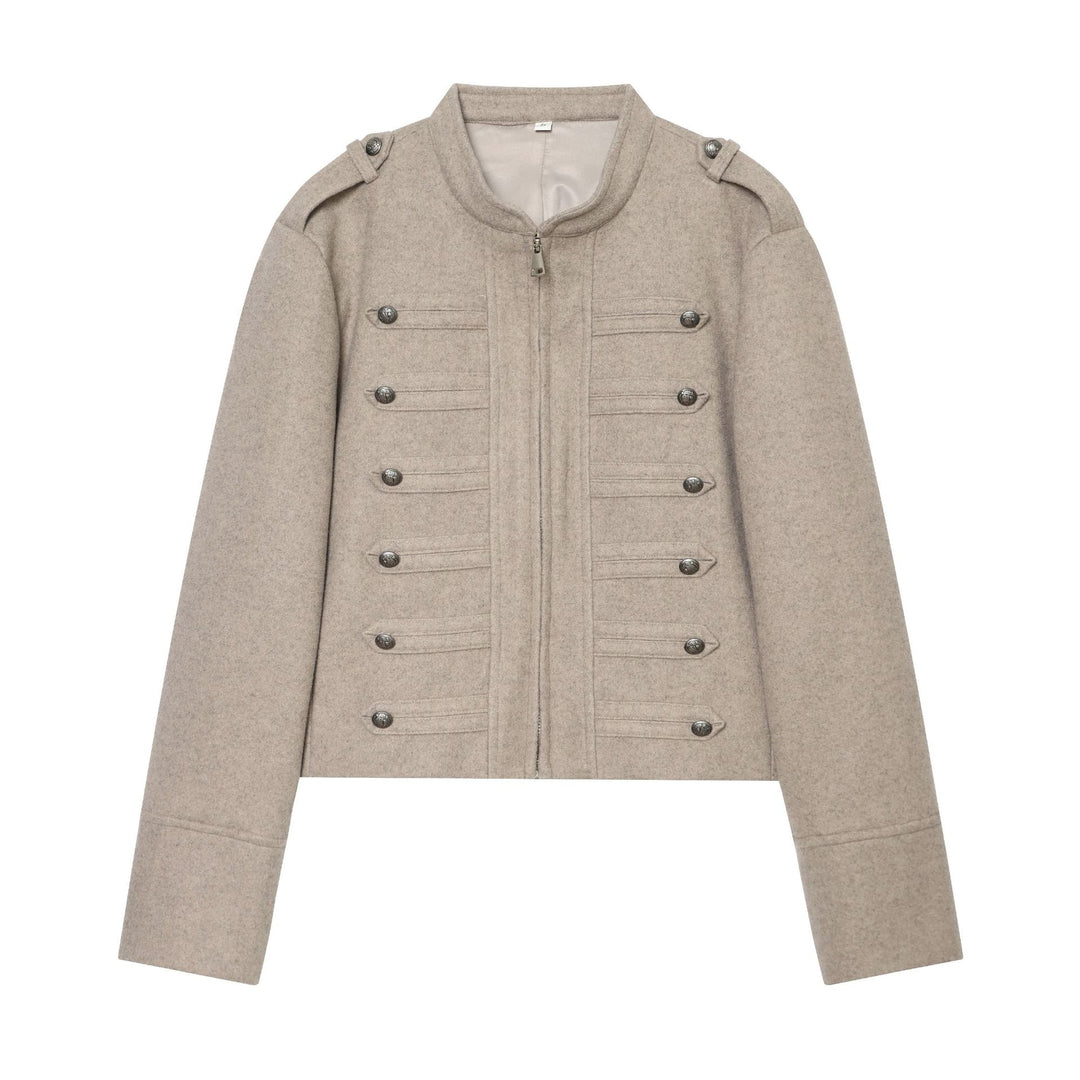 Damen militärisch inspirierte Wolljacke mit Stehkragen Zipper und dekorativen Knopfleisten – Célinea