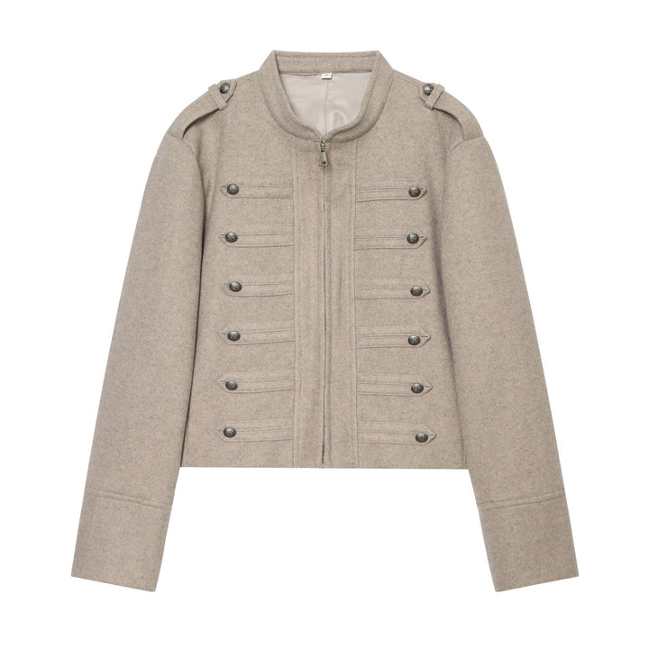 Damen militärisch inspirierte Wolljacke mit Stehkragen Zipper und dekorativen Knopfleisten – Célinea