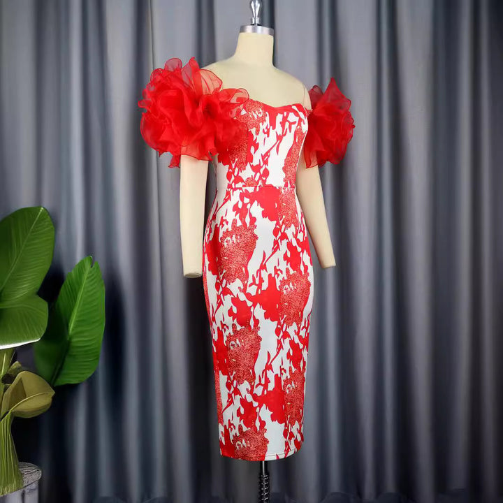 Damen Etuikleid mit romantischen Blumenmustern und voluminösen Puffärmeln Echo Archiv