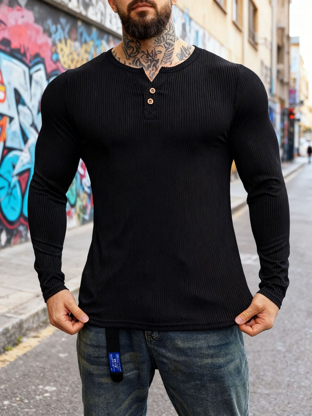 Herren nan geripptes Langarm-Henleyshirt mit flacher Knopfleiste und körperbetonter Stretch-Passform Echo Archiv