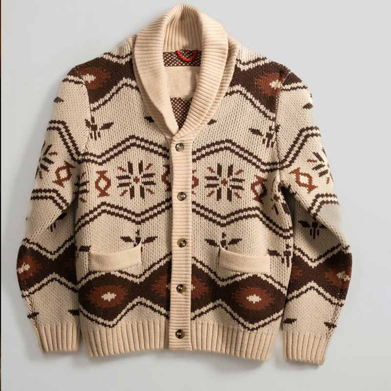 Herren Gemusterte Strickjacke im Nordic-Look mit Schalkragen und aufgesetzten Taschen – Taviero