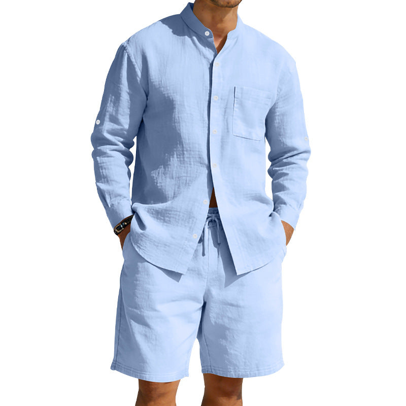 Herren nan sommerliches Leinen-Set mit Stehkragenhemd und Kordelzug-Kurzhose Echo Archiv