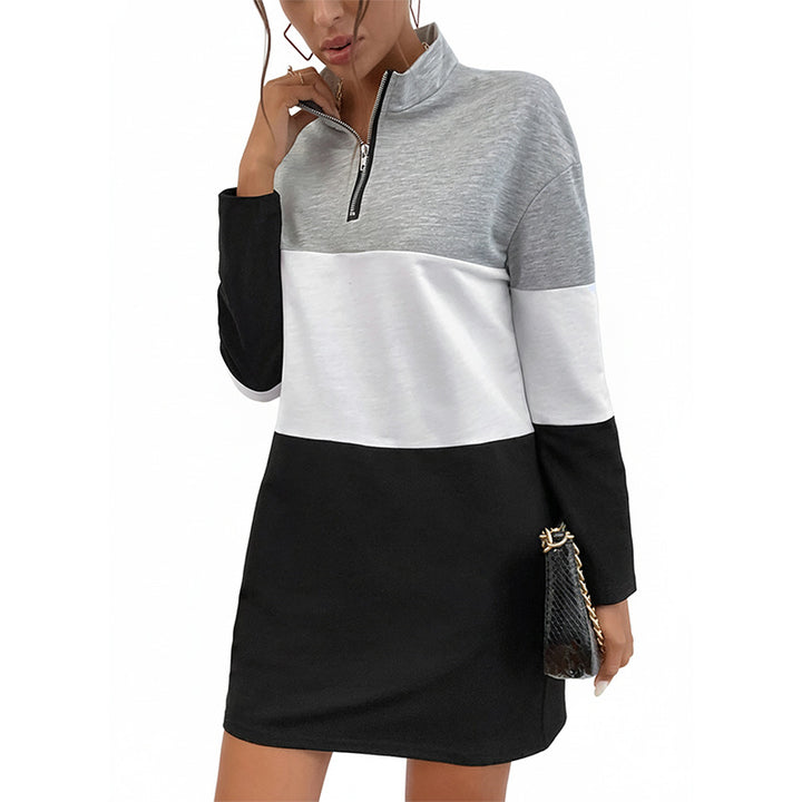 Damen Colorblock-Kurzkleid mit Stehkragen und Halbreißverschluss – Élara