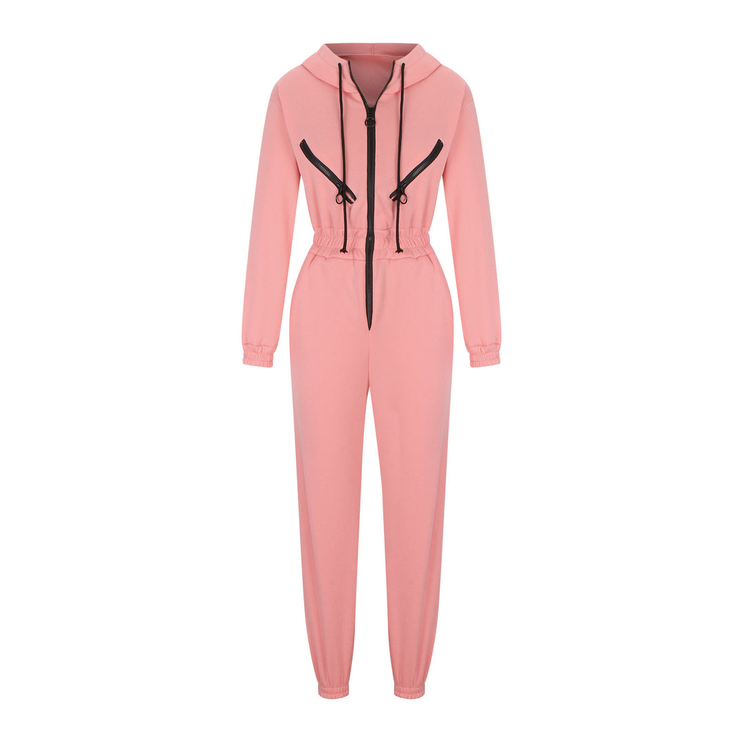 Damen taillierter Kapuzen-Jumpsuit mit elastischem Bund und markanten Kontrast-Reißverschlüssen – Solévia