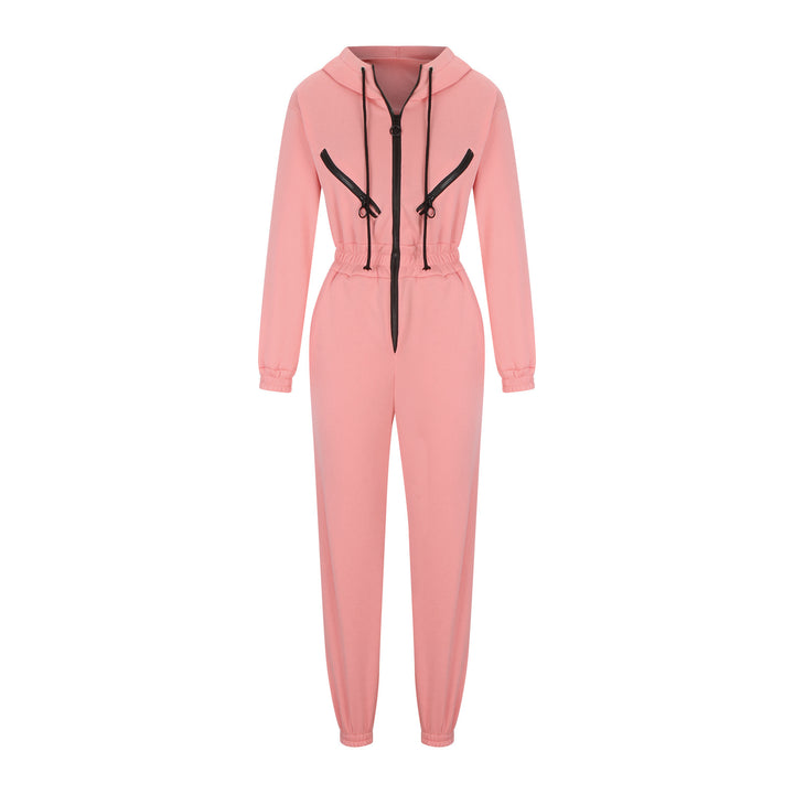 Damen taillierter Kapuzen-Jumpsuit mit elastischem Bund und markanten Kontrast-Reißverschlüssen – Solévia