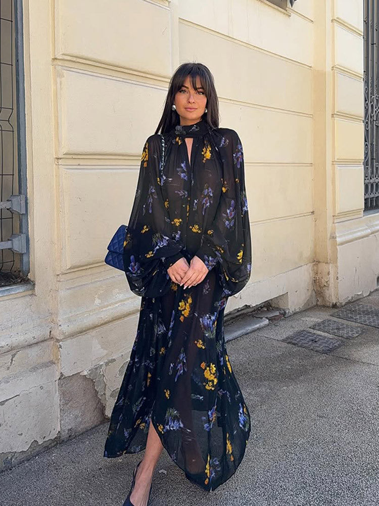 Damen Chiffon-Maxikleid mit Stehkragen, Keyhole-Ausschnitt & voluminösen Ballonärmeln Echoarchiv
