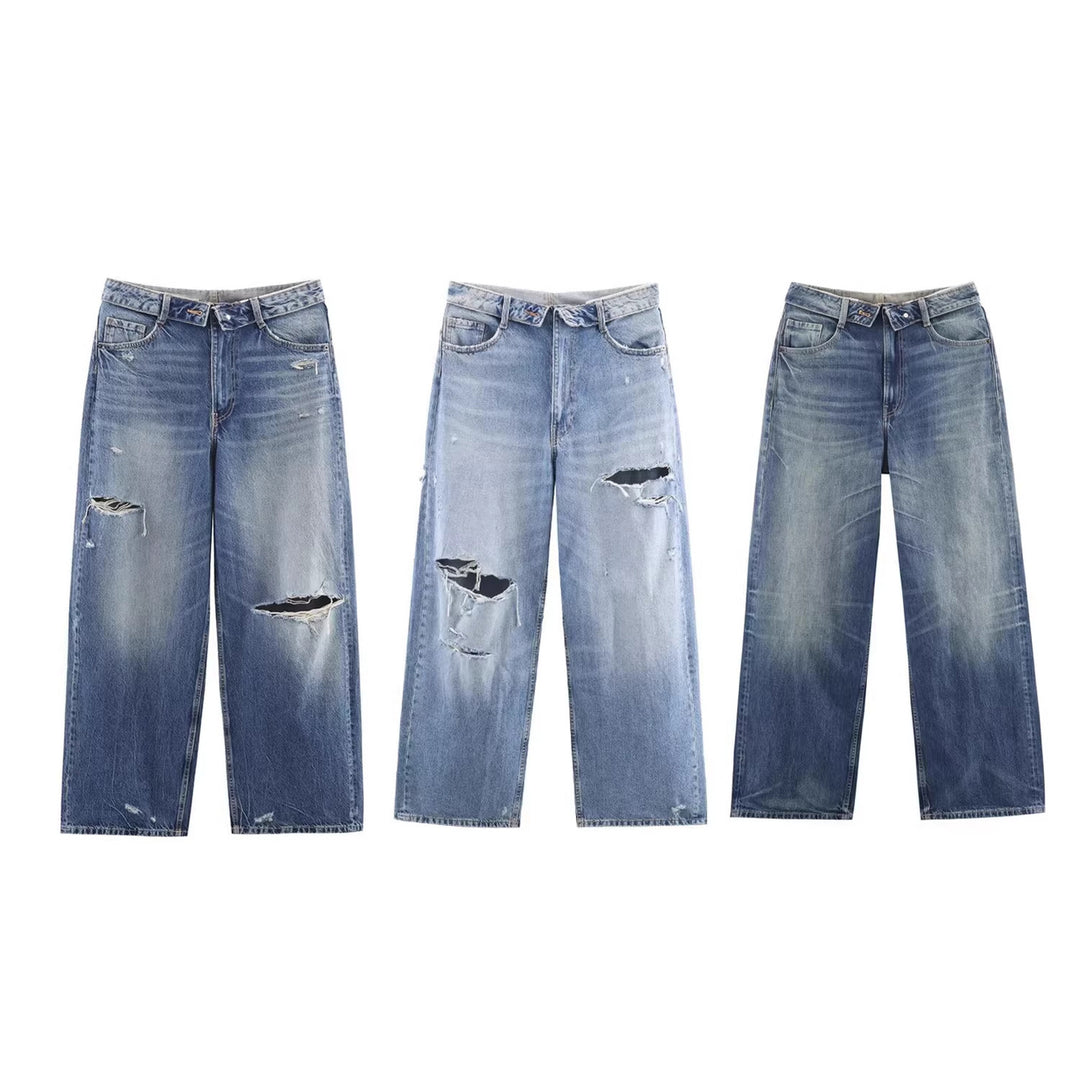 Damen Weite Destroyed-Jeans mit hoher Taille und geradem Bein Echo Archiv