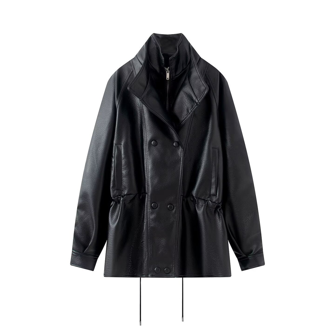 Damen Doppelreihige Kunstlederjacke mit Stehkragen, weitem Revers und Tunnelzug Echo Archiv
