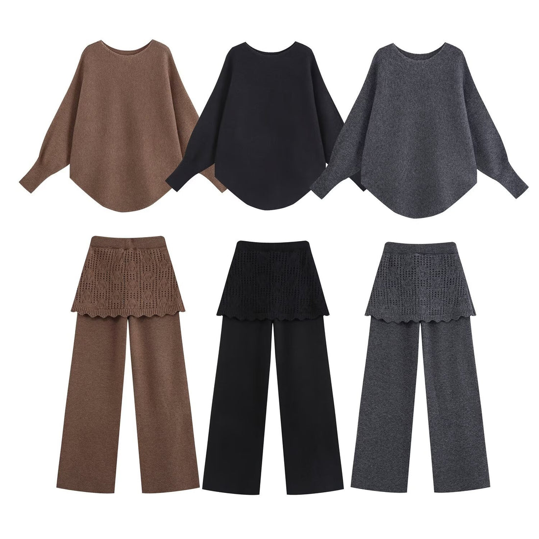 Damen Zweiteiliges Strick-Set mit Oversize-Pullover, Lochmuster-Miniüberrock und weiter Palazzohose Echoarchiv