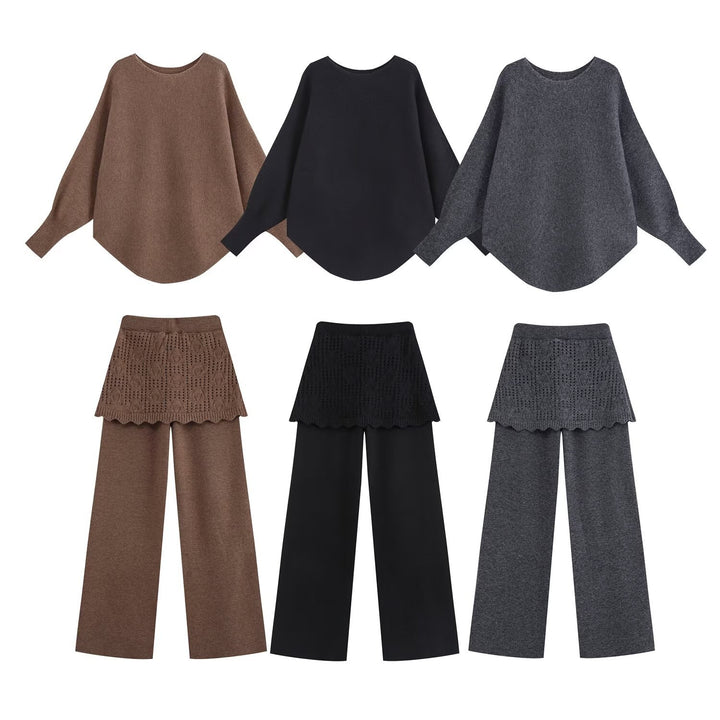 Damen Zweiteiliges Strick-Set mit Oversize-Pullover, Lochmuster-Miniüberrock und weiter Palazzohose Echoarchiv